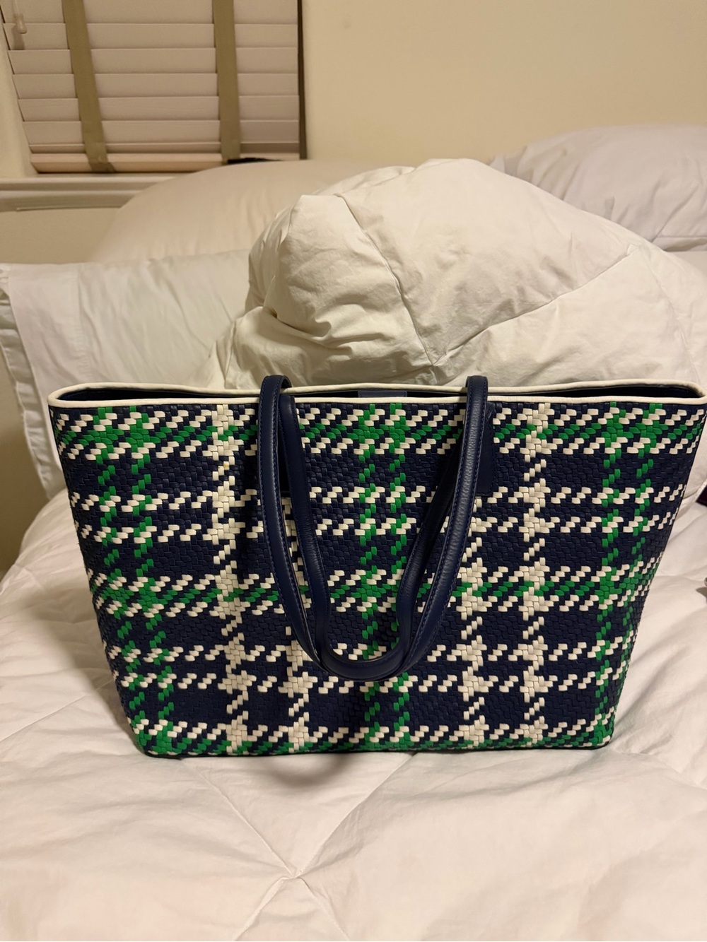 NWT Tory Burch Tote and Wallet Set duet woven in Navy, White & Green Plaid - Picture 3 of 10